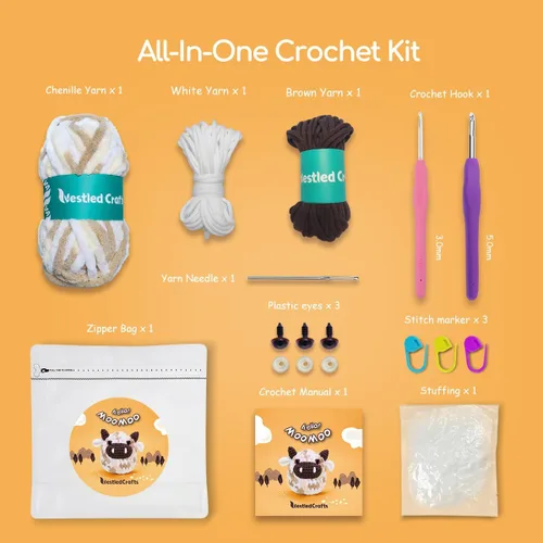 Vista 5 de NestledCrafts Kit de Ganchillo para Principiantes, Kit de Inicio de Amigurumi de Animales con Tutorial de Video Paso a Paso, Juego de Tejido Fácil