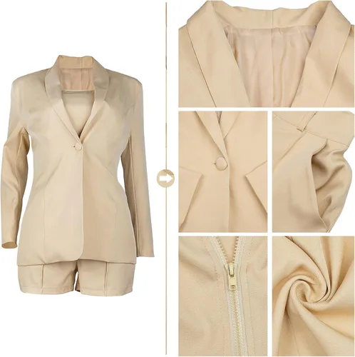 Vista 3 de Conjunto de 3 piezas de blazer para mujer, blazer con botón frontal abierto + blusa corta + pantalones cortos con cinturón, conjuntos de traje