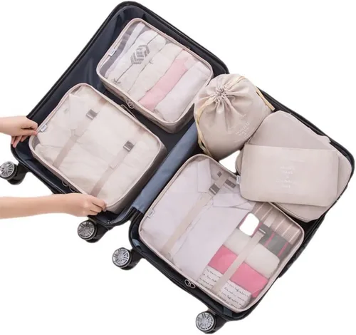 Vista 2 de Fxkoolr Juego de 6 cubos de embalaje organizadores de equipaje para viajes beige