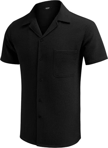 Vista 4 de COOFANDY Camisa de manga corta con botones para hombre, ajuste holgado, para playa cubana
