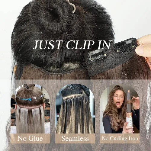 Vista 3 de Extensiones de cabello negro azabache, cabello humano con clip en forma de V, 14 pulgadas, añadiendo volumen y extensiones de cabello real liso