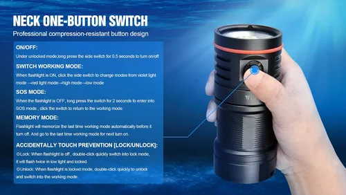 Vista 7 de TrustFire DF50 - Luz de buceo, 6500 lúmenes, cámara de video, linterna LED de buceo, linterna recargable por USB, 229.7 ft bajo el agua, súper