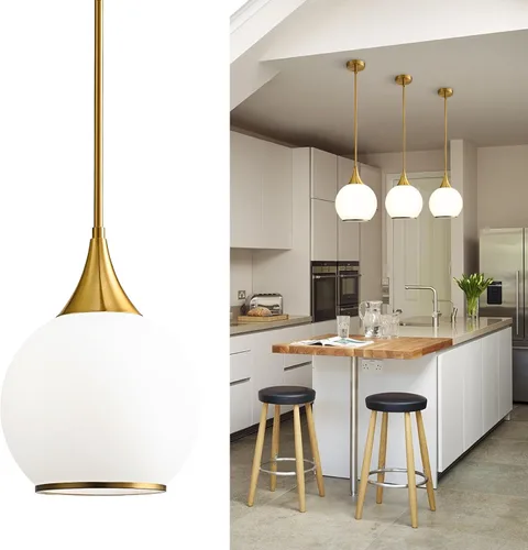 Vista 18 de Luces Colgantes para Isla de Cocina: Lámpara de Estilo Granja Dorada Cepillada con Vidrio Transparente - Globo de Mediados de Siglo de 10 Pulgadas