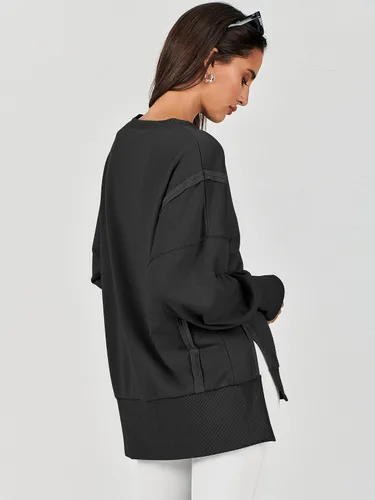 Vista 5 de Caracilia Sudadera de gran tamaño para mujer, cuello redondo, manga larga, sudadera con capucha, ropa de otoño a la moda