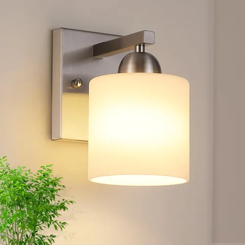 Vista 16 de Mecgirn Luces de tocador de vidrio de leche de acero inoxidable para baño, 2 lámparas cromadas de baño sobre espejo, enchufes E26 de cerámica