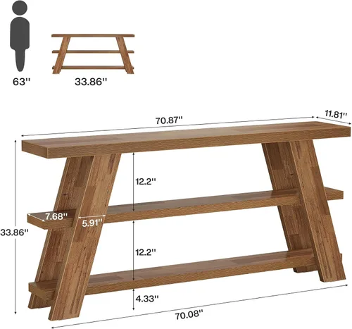Vista 2 de Tribesigns - Mesa consola extralarga de 70.9" con almacenamiento, mesa de sofá estrecha de 3 niveles en madera detrás del sofá, mesa de entrada