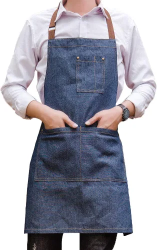 Vista 8 de Delantal de mezclilla unisex ajustable con múltiples bolsillos para chef cocina, barbacoa y estudio