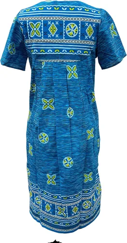 Vista 3 de Loungees Vestido de descanso de algodón con estampado de borde azul de manga corta Canesú con babero de 3 botones, Azul