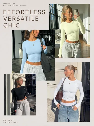 Vista 6 de Trendy Queen Camisetas cortas de manga larga para mujer, camisetas básicas Blanco