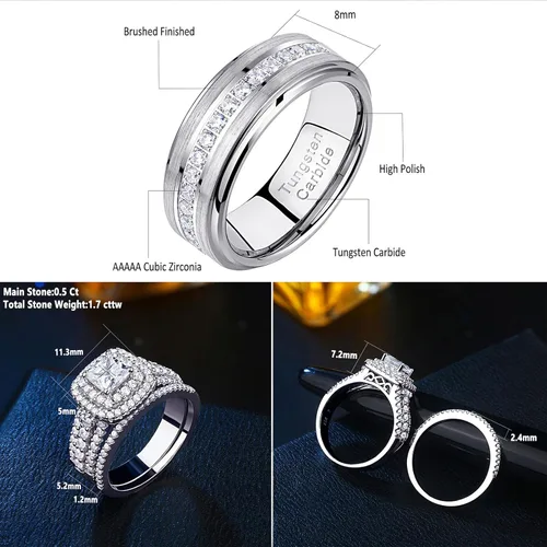 Vista 2 de Newshe Jewellery Juego de anillos de boda para él y ella, bandas de tungsteno AAAAA, circonita cúbica, 2.3 quilates, plata de ley 925, tamaño 5-13