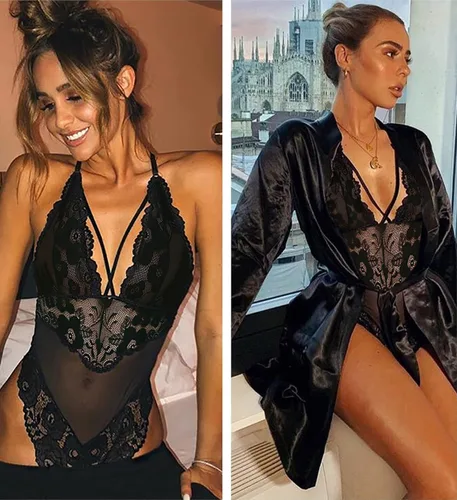 Vista 4 de Avidlove - Lencería de entrepierna a presión para mujer, body de encaje de una pieza, mini traje sexy.