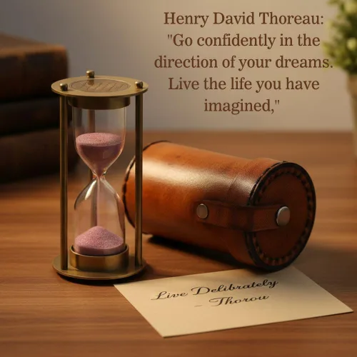 Vista 2 de Reloj de arena de latón con cita inspiradora de Thoreau Temporizador de arena atemporal con funda de cuero de primera calidad Elegante