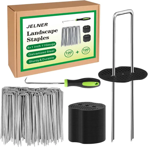 Vista 7 de JELNER Estacas de Jardín, grapas de paisaje galvanizadas de 15 cm, calibre 11, 20 unidades + 20 juntas + 1 gancho de pico, estacas para carpas, tela