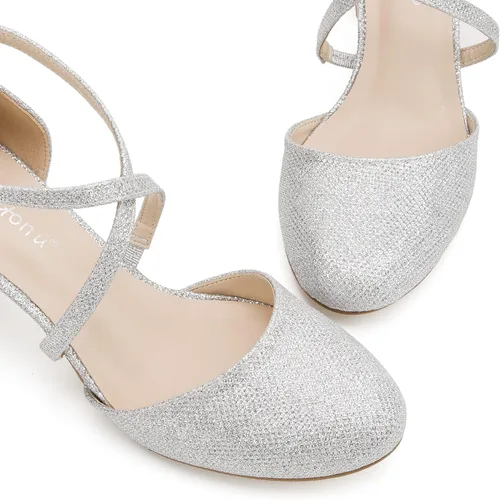 Vista 4 de Greatonu Zapatos de vestir de tacón bajo para mujer, puntera redonda cerrada, correa cruzada, para boda, novia, fiesta, oficina