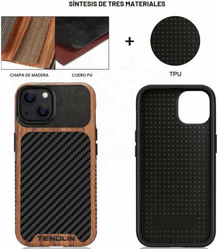 Vista 2 de TENDLIN Compatible con Funda para iPhone 13 de Grano de Madera con Textura de Fibra de Carbono Diseño Híbrido de Cuero Compatible para iPhone 13