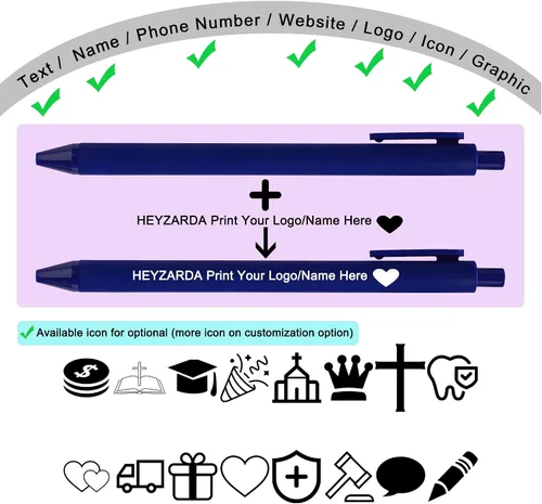 Vista 6 de Personalized Pens with Name Bulk 100-1000 Pcs, Brown Custom Promotional Logo, for Church, Wedding, Business, Reunion, Bank, Blue/Black Ballpoint