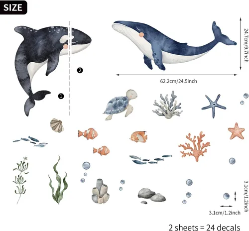 Vista 2 de funlife Calcomanías grandes de pared bajo el mar, despegar y pegar, decoración de pared de peces para habitación de niños, animales grandes