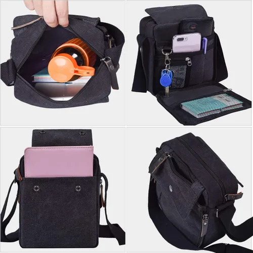 Vista 2 de Canvas Small Messenger for Men Women, Mini Crossbody Shoulder Chest Travel Bag, Multi-pocket Purse