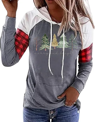 Vista 5 de LLHXRUI Sudadera de Navidad con diseño de árbol a cuadros y rayas para mujer, camiseta con bolsillo con capucha, manga larga, bloque de color Como