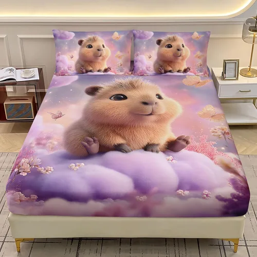 Vista 27 de AILONEN Lovely Bear - Juego de sábanas bajeras tamaño Queen, juego de ropa de cama con pajarita de dibujos animados para niños y niñas, sábana
