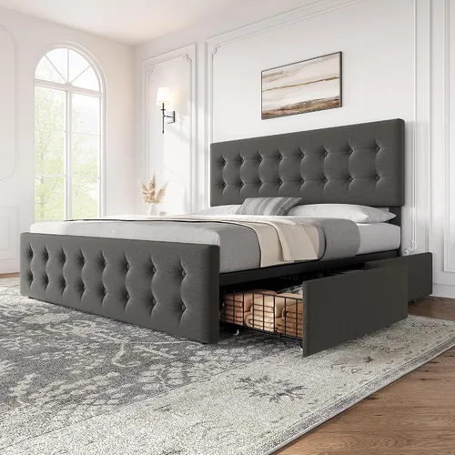 Vista 15 de IDEALHOUSE Marco de cama tamaño completo con 4 cajones de almacenamiento y cabecero, marco de cama plataforma tapizada en cuero sintético con Beige