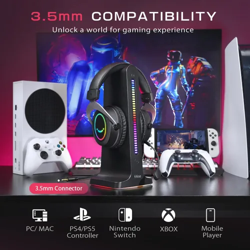 Vista 6 de FIFINE Auriculares RGB para juegos, cómodos auriculares sobre la oreja con micrófono, conexión de conector de audio con cable, auriculares de cuero