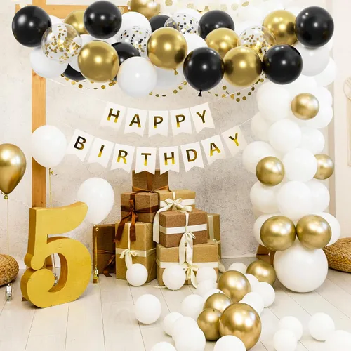 Vista 5 de 100 globos negros dorados y blancos con globos de confeti metálicos dorados y negros de 12 pulgadas para clase de graduación, decoración de fiesta