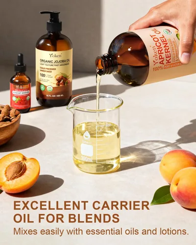 Vista 5 de Yoken Aceite de albaricoque prensado en frío, botella de vidrio de 16 onzas líquidas, aceite de albaricoque 100% puro y natural, portador ligero