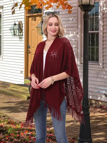 Vista 9 de Chal de punto para mujer – Soul Young Ladies Fringe Punto Poncho Manta Cardigan Capa (2 piezas), Negro, rojo, blanco, gris, caqui, baya, azul