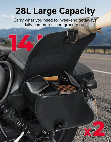 Vista 5 de KEMIMOTO Alforjas para motocicleta, bolsa lateral de cuero sintético con cerradura, 28L, bolsas inclinadas con doble correa impermeable y tachuelas