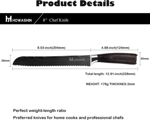 Vista 6 de Cuchillo de pan de 8 pulgadas afilado profesional cuchillo de cocina alemán de alto carbono cuchillo de cocina ergonómico color mango de madera