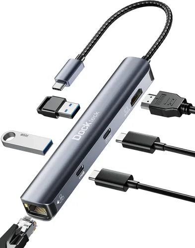 Vista 11 de Hub Ethernet USB C, adaptador multipuerto 5 en 1 de dockteck con USB C a 4K HDMI, LAN de 1 Gbps, 3 USB 3.0, para MacBook Air/Pro, iPad Air/Pro