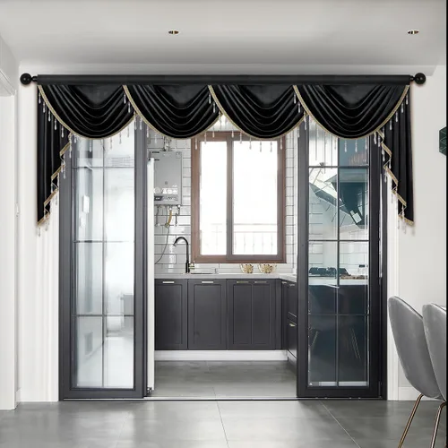 Vista 26 de Cenefas de cortina de terciopelo negro de lujo para sala de estar con cuentas (39 pulgadas, 1 panel)