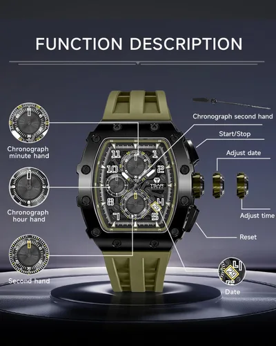 Vista 6 de Mens Watches Luxury Tonneau Watches for Men Waterproof 50M Analog Replica Watch Chronograph Calendar Date Mens Dress Business Work Watch Diver Large