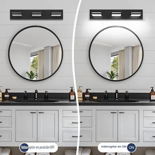 Vista 5 de Accesorios de iluminación de tocador de baño sobre espejo (3 luces, 24 pulgadas) modernos accesorios de iluminación LED para pared de baño, negro