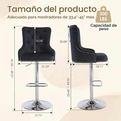 Vista 2 de Juego de 2 taburetes de bar de terciopelo, taburetes giratorios de altura de barra con anillo de tracción de león, taburetes tapizados de altura