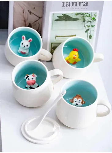 Vista 6 de Taza de café sorpresa 3D con diseño de animales en el interior, de 12 onzas con vaca bebé, bonita taza de cerámica hecha a mano de dibujos animados