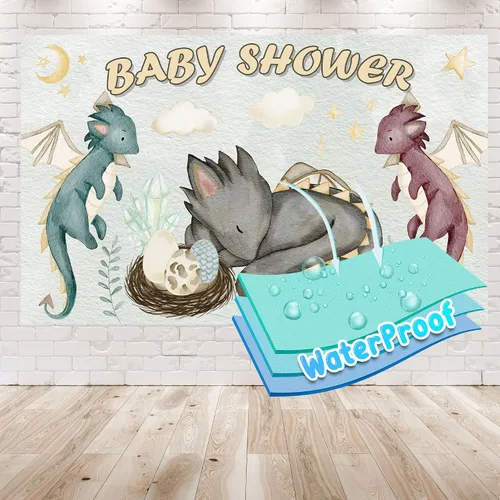 Vista 3 de Telón de fondo de baby shower de dragones de 5 x 3 pies para eclosionar pronto, decoración de fiesta temática de dragón de fantasía para niños