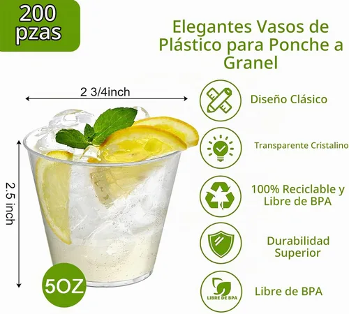 Vista 2 de Tebery Paquete de 200 vasos pequeños de plástico transparente, vasos desechables duros de 5 onzas, vasos de plástico a granel para fiestas