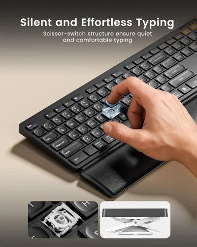 Vista 6 de ProtoArc Combo de teclado y mouse Bluetooth, KM60 Bluetooth + USB multidispositivo recargable, reposamuñecas, juego de teclado y mouse inalámbrico
