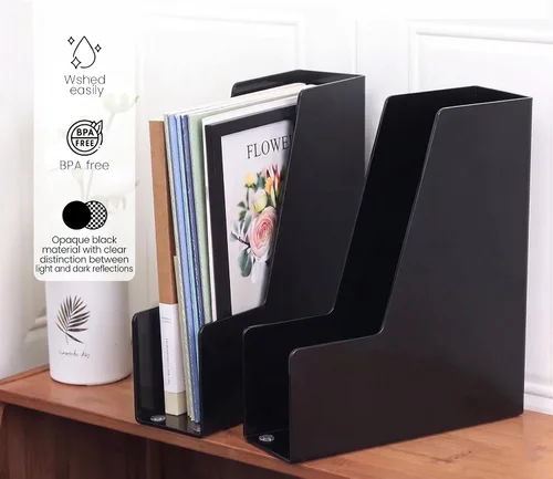 Vista 4 de LALOBLUE Paquete de 4 contenedores organizadores de escritorio verticales negros Plástico, para revistas, carpetas, cuadernos, sobres, paquete