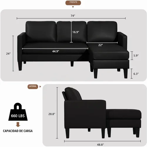 Vista 2 de LEISU Sofá seccional de cuero en forma de L con diván para espacios pequeños, sofá convertible para salas de estar, juegos de muebles modulares