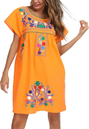 Vista 9 de YZXDORWJ - Vestido mexicano bordado de manga corta para mujer