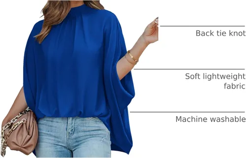 Vista 12 de BTFBM Blusas de verano para mujer, cuello alto falso, manga murciélago, holgadas, dobladillo alto y bajo, blusas informales de gran