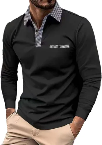 Vista 5 de Polo de manga larga para hombre, diseño casual de algodón con bolsillo, cuello clásico con botón para golf