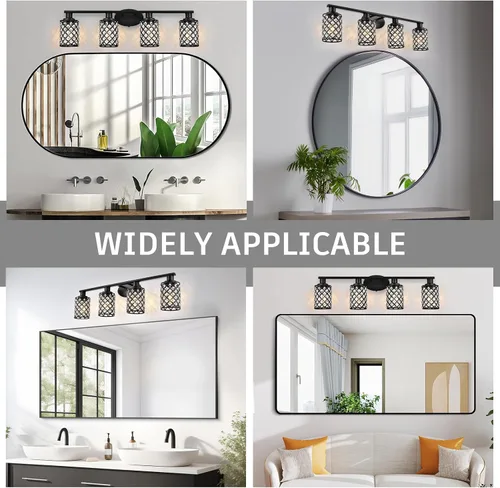Vista 9 de Moderna lámpara de tocador de baño de cristal negro con 4 luces, montaje arriba/abajo, E26, espejo de pared con cable para baño, tocador, vestidor