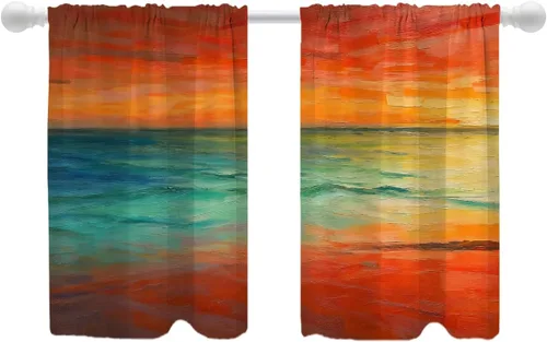Vista 163 de Shrahala Beige and Orange Abstract Art Brushstrokes Blackout Curtain Tiers, Abstract Oil Paint Kitchen Valance Light Blocking Tier Drapes with Rod