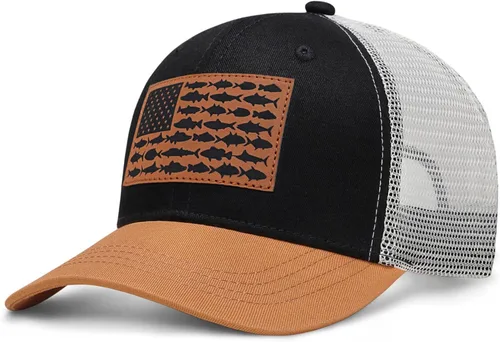 Vista 17 de Sombrero de camionero con bandera de pez estadounidense, regalos de pesca para hombres, sombrero de pesca Snapback perfecto para pesca y uso diario