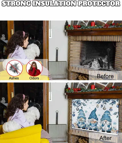 Vista 64 de Cubierta magnética azul para chimenea, detiene la pérdida de calor, pantalla de chimenea para interiores, bolas de gnomos de Navidad, árbol de copo