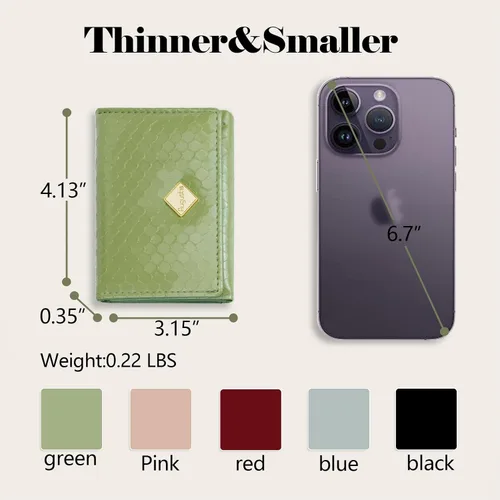 Vista 6 de Billetera triple para mujer, delgada para tarjetas de crédito, carteras de cuero con ventana de identificación, Verde, Trifold